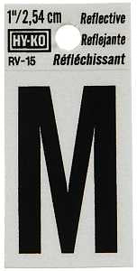 Hy-Ko RV-15/M Reflective Letter, Character: M, 1 in H Character, Black Character, Silver Background, Vinyl, Pack of 10