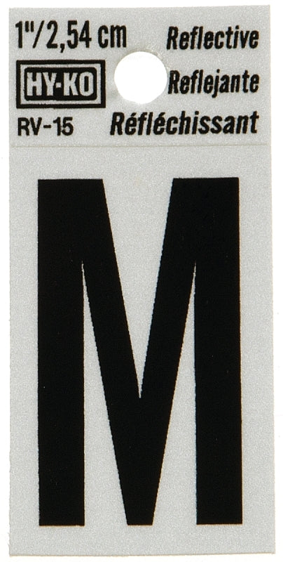 Hy-Ko RV-15/M Reflective Letter, Character: M, 1 in H Character, Black Character, Silver Background, Vinyl, Pack of 10