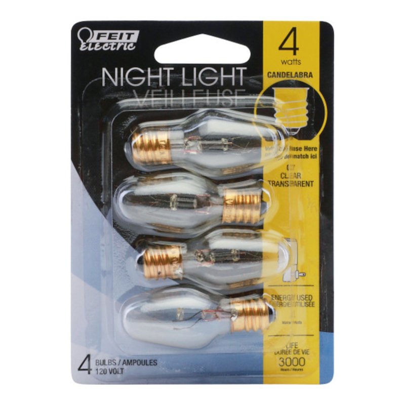 Feit Electric BP4C7/4/CAN Incandescent Bulb, Clear Lamp, 7/8 in D x 2-1/8 in H Dimensions, 4 W, C7 Lamp, Pack of 6