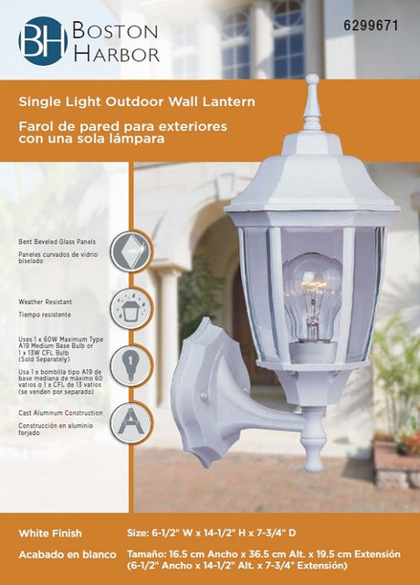 Boston Harbor BRT-BPP1611-WH3L Outdoor Lantern, 120 V, 60 W, CFL Lamp, Aluminum Fixture, White
