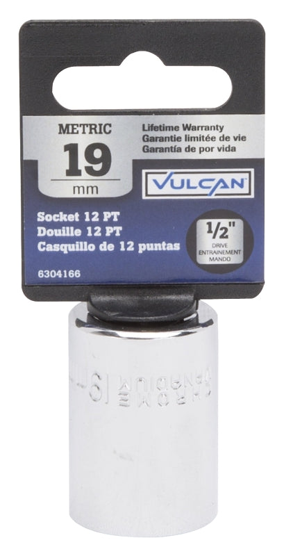 Vulcan MT6530224 Drive Socket, 19 mm Socket, 1/2 in Drive, 12-Point, Chrome Vanadium Steel, Chrome