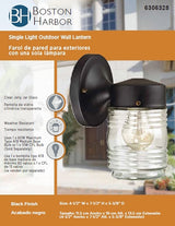 Boston Harbor W15BK01-33883L Outdoor Wall Lantern, 120 V, 60 W, A19 or CFL Lamp, Steel Fixture, Black, Black Fixture