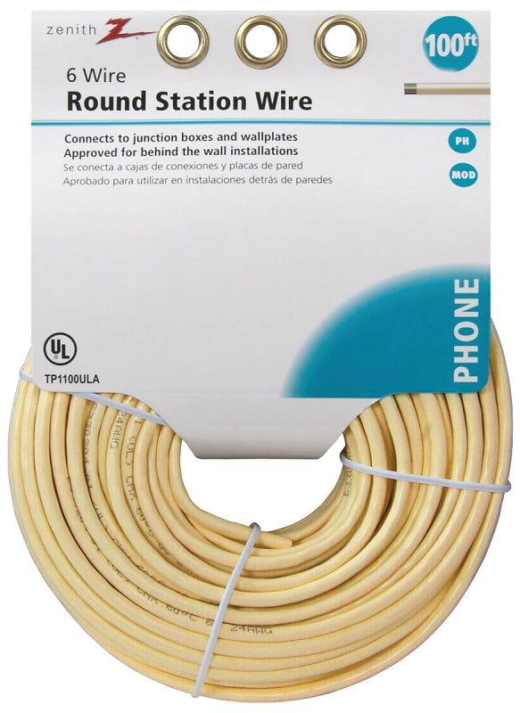 Zenith TP1100ULA Telephone Wire, 24 AWG Wire, Almond Sheath, 100 ft L