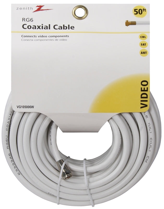 Zenith VG105006W Coaxial Cable, White Sheath, 50 ft L