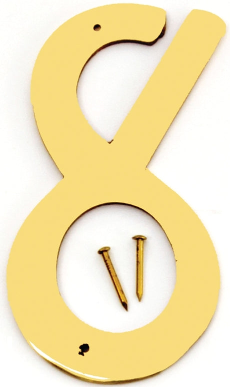 Hy-Ko BR-40/8 House Number, Character: 8, 4 in H Character, 2-1/2 in W Character, Brass Character, Brass
