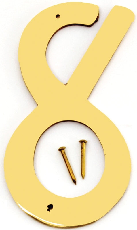 Hy-Ko BR-40/8 House Number, Character: 8, 4 in H Character, 2-1/2 in W Character, Brass Character, Brass