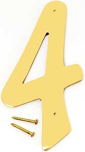 Hy-Ko BR-40/4 House Number, Character: 4, 4 in H Character, 2-1/2 in W Character, Brass Character, Brass