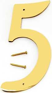 Hy-Ko BR-40/5 House Number, Character: 5, 4 in H Character, 2-1/2 in W Character, Brass Character, Solid Brass
