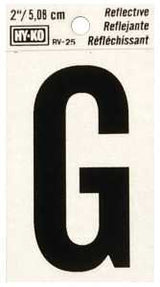 Hy-Ko RV-25/G Reflective Letter, Character: G, 2 in H Character, Black Character, Silver Background, Vinyl, Pack of 10
