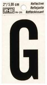 Hy-Ko RV-25/G Reflective Letter, Character: G, 2 in H Character, Black Character, Silver Background, Vinyl, Pack of 10