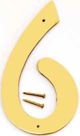 Hy-Ko BR-40/6 House Number, Character: 6, 4 in H Character, 2-1/2 in W Character, Brass Character, Brass