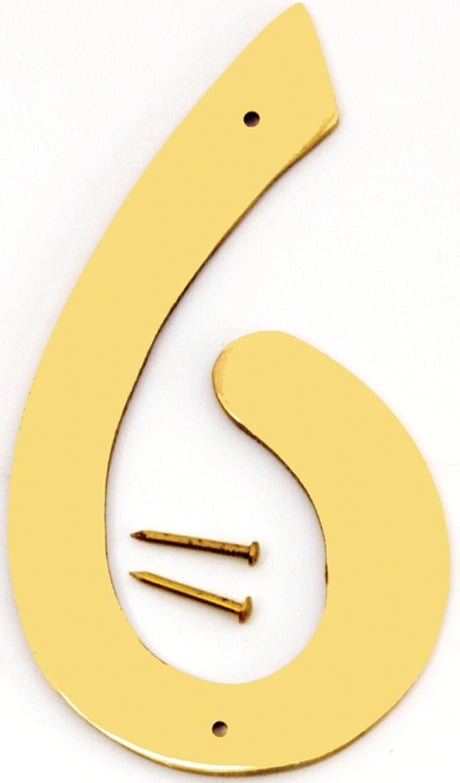 Hy-Ko BR-40/6 House Number, Character: 6, 4 in H Character, 2-1/2 in W Character, Brass Character, Brass