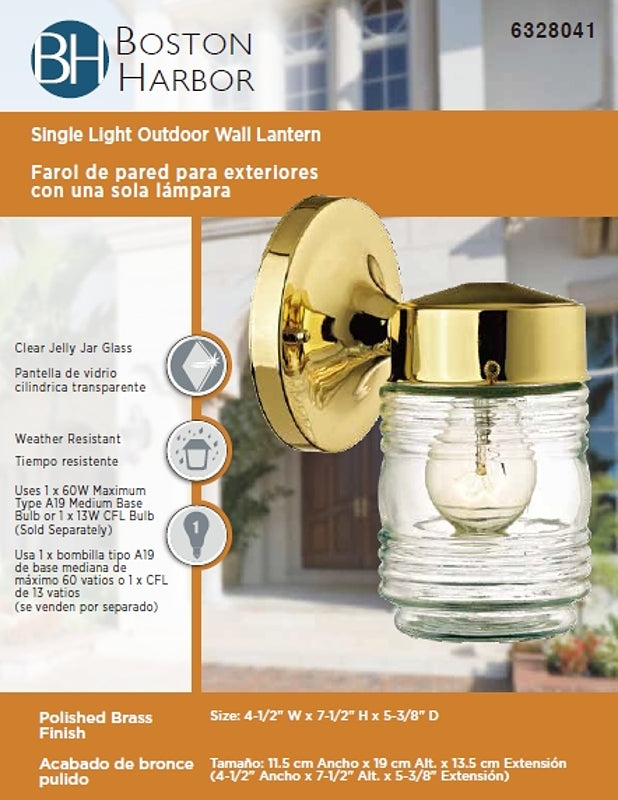 Boston Harbor 4402H-23L Outdoor Wall Lantern, 120 V, 60 W, A19 or CFL Lamp, Steel Fixture, Polished Brass