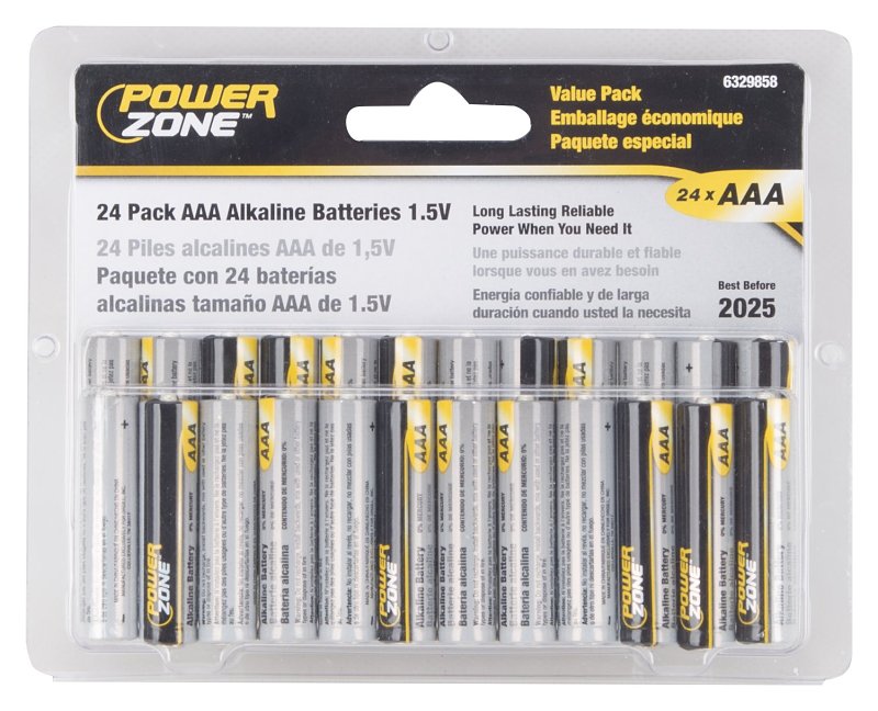 PowerZone LR03-24P Battery, 1.5 V Battery, AAA Battery, Zinc, Manganese Dioxide, and Potassium Hydroxide
