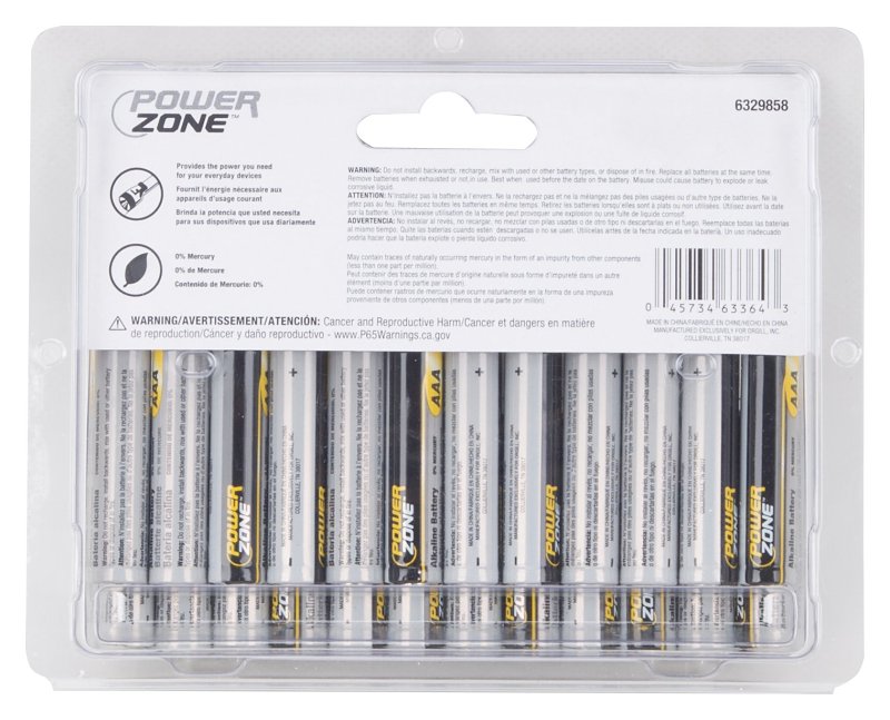 PowerZone LR03-24P Battery, 1.5 V Battery, AAA Battery, Zinc, Manganese Dioxide, and Potassium Hydroxide
