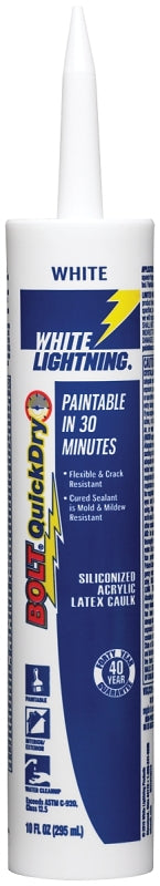 WHITE LIGHTNING BOLT W31010010 Siliconized Acrylic Latex Caulk, White, 5 to 7 days Curing, -30 to 180 deg F, 10 fl-oz Pack of 12