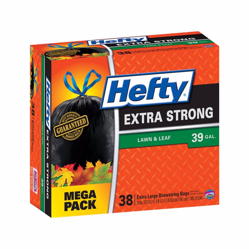 Hefty Extra Strong 39 gal No Scent Lawn and Leaf Bags Drawstring 38 pk, Pack of 3