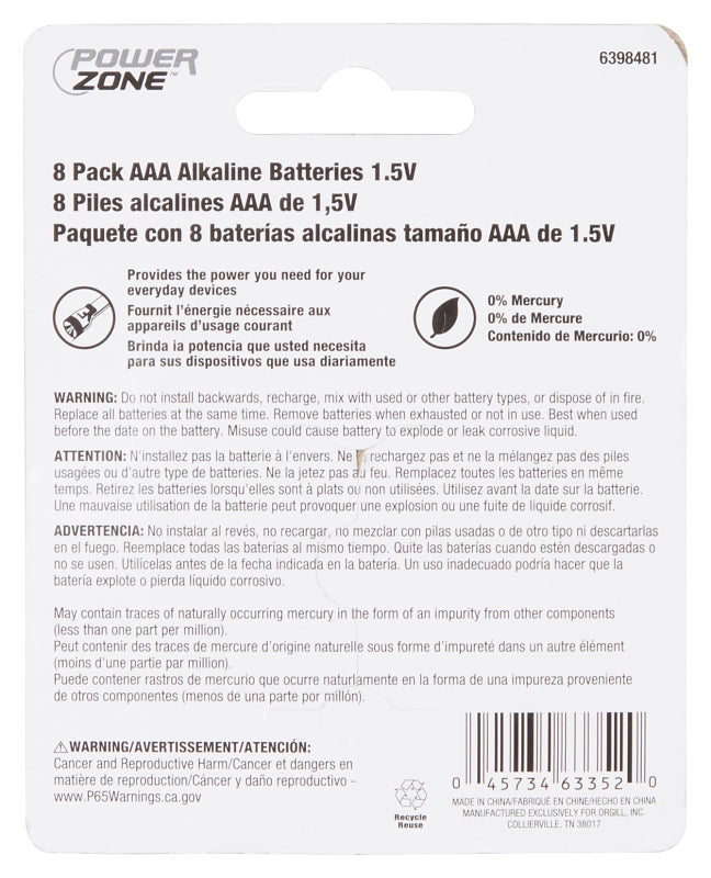 PowerZone LR03-8P-DB Battery, 1.5 V Battery, AAA Battery, Zinc, Manganese Dioxide, and Potassium Hydroxide, Pack of 12
