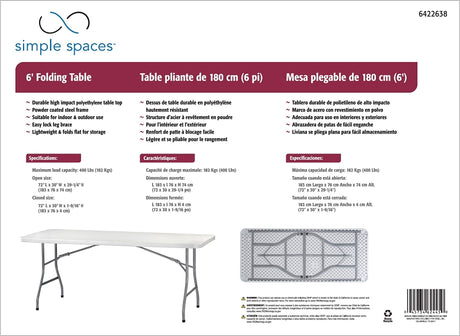 Simple Spaces TBL-040 Banquet Table, 6 ft OAW, 30 in OAD, 29-1/4 in OAH, Steel Frame, Polyethylene Tabletop