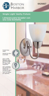 Boston Harbor A2242-73L Single Light Vanity Fixture, 120 V, 60 W, A19 or CFL Lamp, Steel Fixture, Brushed Nickel Fixture