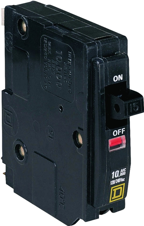 Square D QO QO115CP Circuit Breaker, Mini, 15 A, 1 -Pole, 120/240 VAC, 48 VDC, Fixed Trip, Flush Mounting