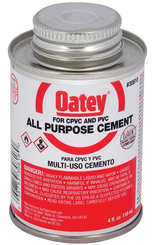 Oatey 30818 Solvent Cement, 4 oz Can, Liquid, Clear/Yellow
