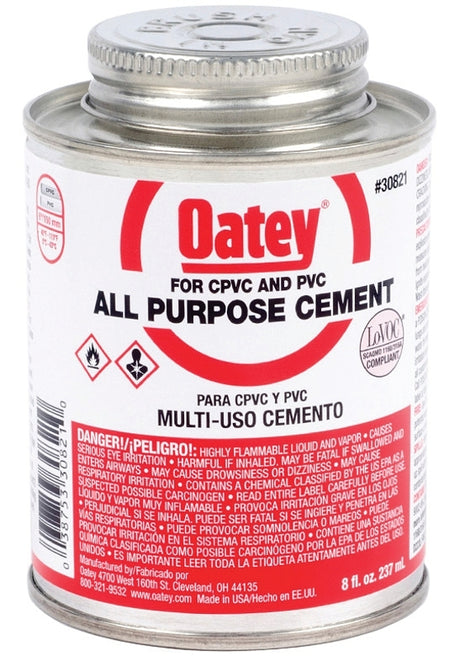 Oatey 30821 Solvent Cement, 8 oz Can, Liquid, Milky Clear