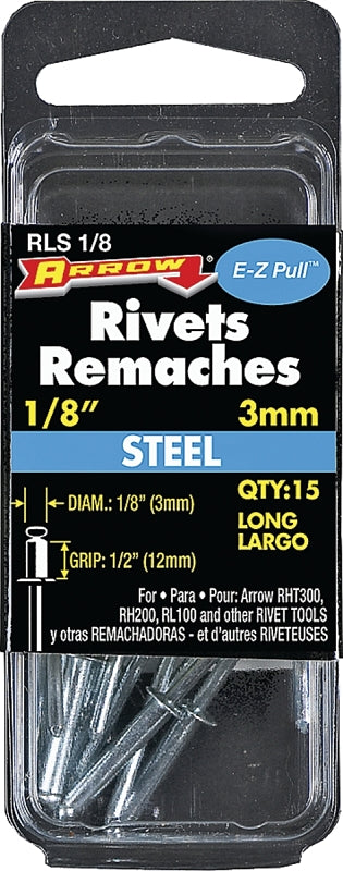 Arrow RLS1/8 Pop Rivet, Long, 1/2 in L, Steel, 15/PK