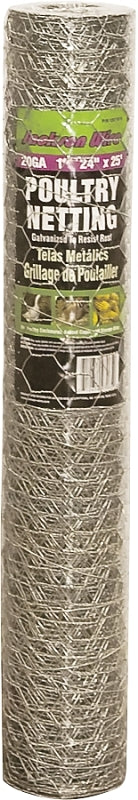 Jackson Wire 12 01 18 16 Poultry Hex Netting, 25 ft L, 24 in W, 20, Hexagonal Mesh, 1 in Mesh, Galvanized