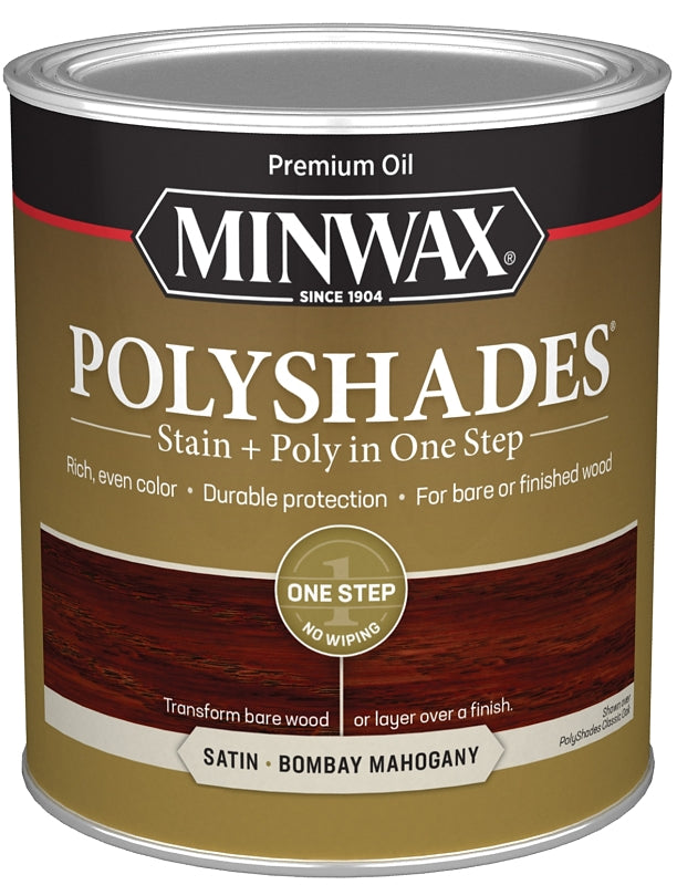 Minwax PolyShades 61380444 Polyurethane, Satin, Liquid, Bombay Mahogany, 1 qt Can