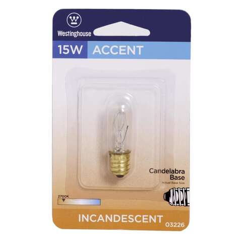 Westinghouse 15 W Tubular Incandescent Bulb E12 (Candelabra) White 1 pk