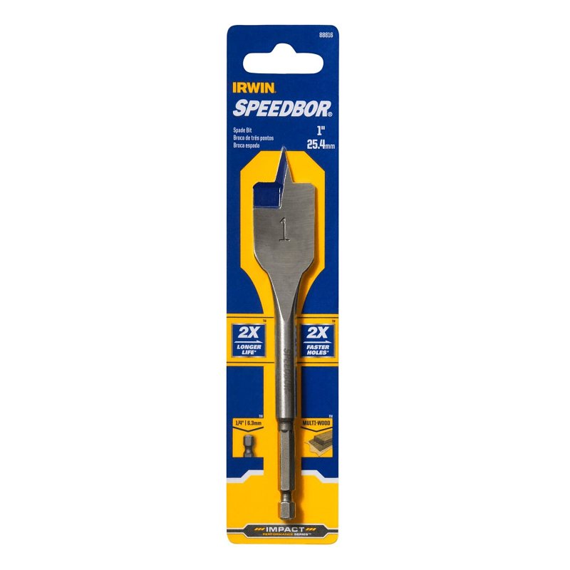 Irwin 88816 Spade Drill Bit, 1 in Dia, 6 in OAL, Flat Flute, 1/4 in Dia Shank, Hex Shank