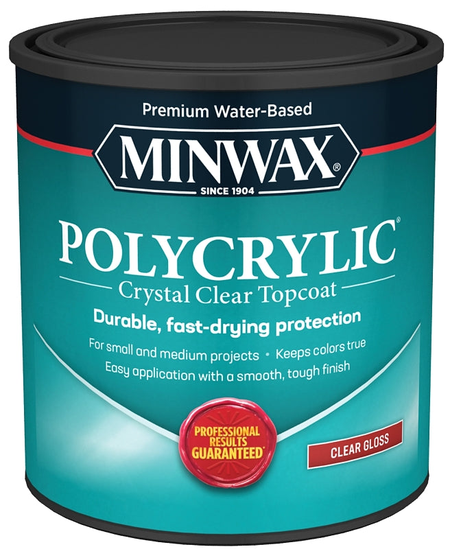 Minwax Polycrylic 65555444 Polyurethane, Gloss, Liquid, Crystal Clear, 1 qt Can