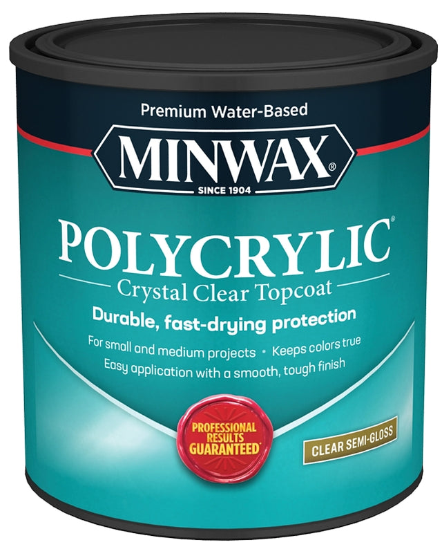 Minwax Polycrylic 64444444 Polyurethane, Semi-Gloss, Liquid, Crystal Clear, 1 qt Can