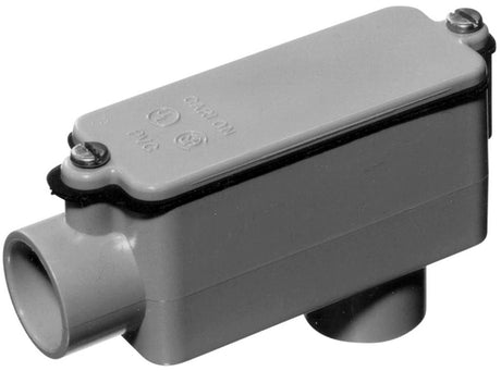 Carlon E986F-CTN Conduit Body, 1 in Hub, 5-9/32 in OAL, PVC, Gray, Includes: Foam-in-Place Gasket