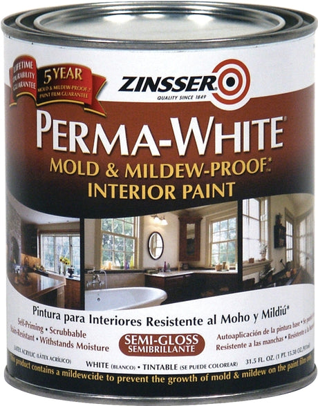 Zinsser 02754 Kitchen and Bath Paint, Semi-Gloss, White, 1 qt Can, Water