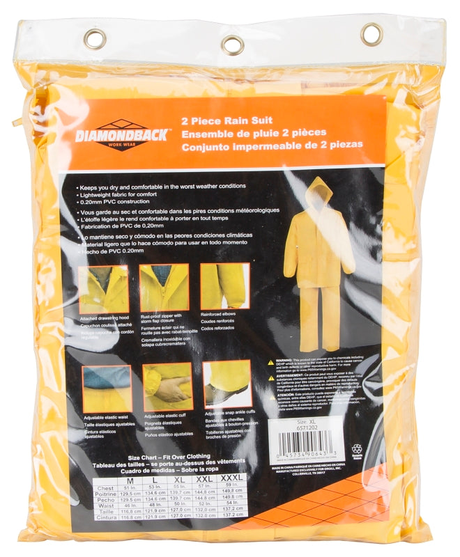 Diamondback 8127XL Rain Suit, XL, 30-1/2 in Inseam, PVC, Yellow, Drawstring Collar, Zipper with Storm Flap Closure