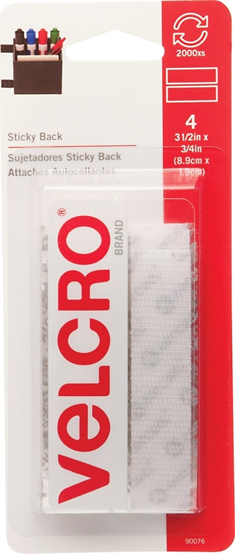 VELCRO Brand 90076 Fastener, 3/4 in W, 3-1/2 in L, Nylon, White, Rubber Adhesive