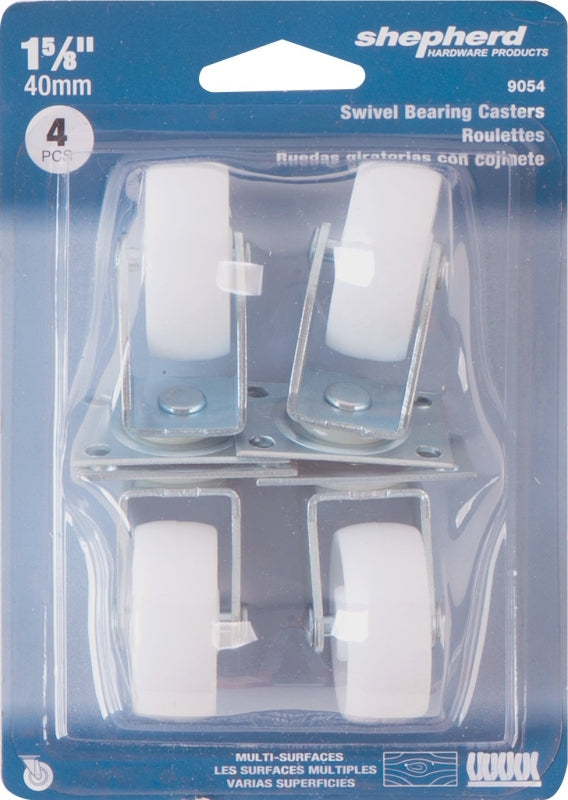 Shepherd Hardware 9054 Swivel Caster, 1-5/8 in Dia Wheel, Plastic Wheel, White, 50 lb, Pack of 6