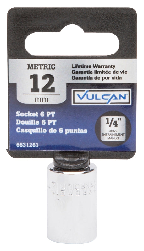 Vulcan MT6490312 Drive Socket, 12 mm Socket, 1/4 in Drive, 6-Point, Chrome Vanadium Steel, Chrome