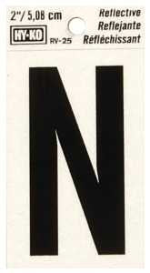 Hy-Ko RV-25/N Reflective Letter, Character: N, 2 in H Character, Black Character, Silver Background, Vinyl, Pack of 10