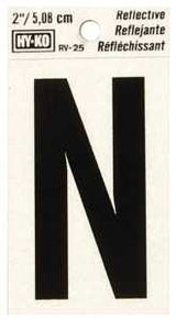 Hy-Ko RV-25/N Reflective Letter, Character: N, 2 in H Character, Black Character, Silver Background, Vinyl, Pack of 10