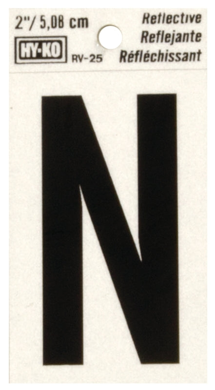 Hy-Ko RV-25/N Reflective Letter, Character: N, 2 in H Character, Black Character, Silver Background, Vinyl, Pack of 10