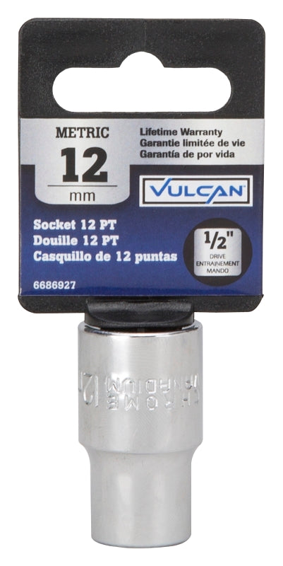 Vulcan MT6529093 Drive Socket, 12 mm Socket, 1/2 in Drive, 12-Point, Chrome Vanadium Steel, Chrome