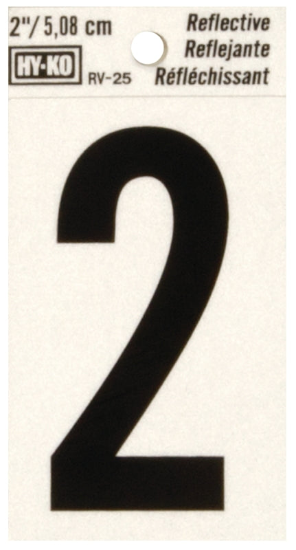 Hy-Ko RV-25/2 Reflective Sign, Character: 2, 2 in H Character, Black Character, Silver Background, Vinyl, Pack of 10