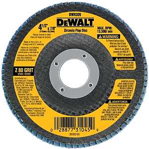 DEWALT DW8309 Flap Disc, 4-1/2 in Dia, 7/8 in Arbor, Coated, 80 Grit, Medium, Zirconia Abrasive, Fiberglass Backing