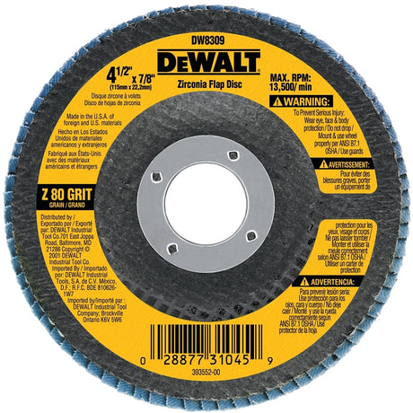 DEWALT DW8309 Flap Disc, 4-1/2 in Dia, 7/8 in Arbor, Coated, 80 Grit, Medium, Zirconia Abrasive, Fiberglass Backing