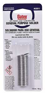Oatey 53011 Acid Core Wire Solder, 1.5 oz Carded, Solid, Silver, 360 to 460 deg F Melting Point