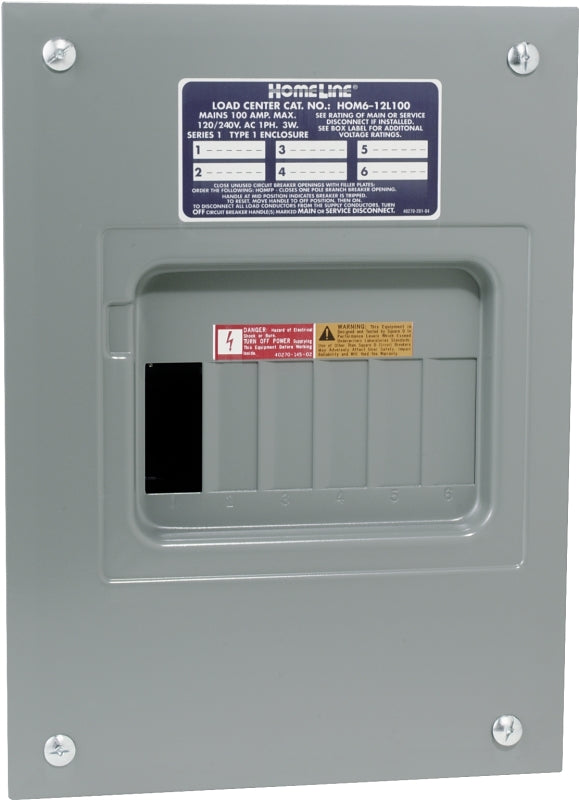 Square D Homeline HOM612L100FCP Load Center, 100 A, 6-Space, 12-Circuit, Main Lug, NEMA 1 Enclosure, Gray, Plug