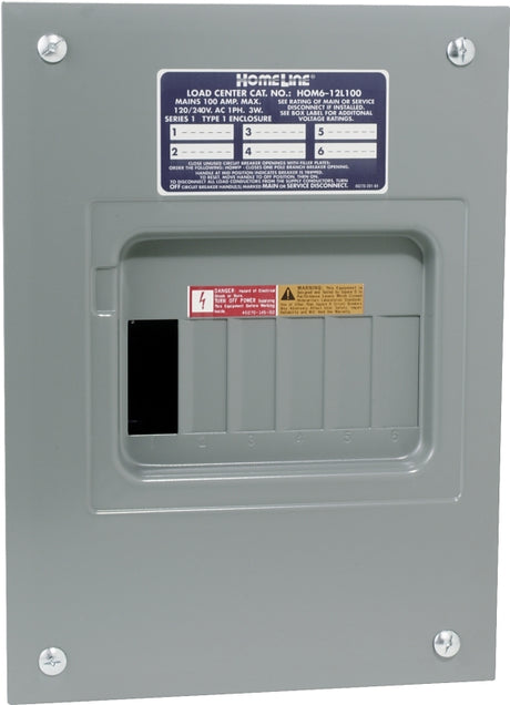 Square D Homeline HOM612L100FCP Load Center, 100 A, 6-Space, 12-Circuit, Main Lug, NEMA 1 Enclosure, Gray, Plug